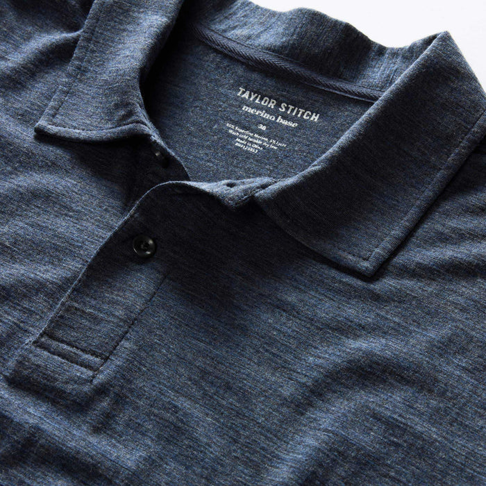 material shot of the collar on The Merino Polo in Heather Navy