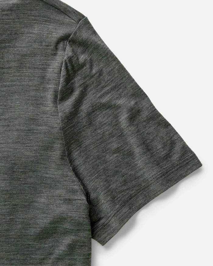 material shot of the collar on The Merino Tee in Heather Army
