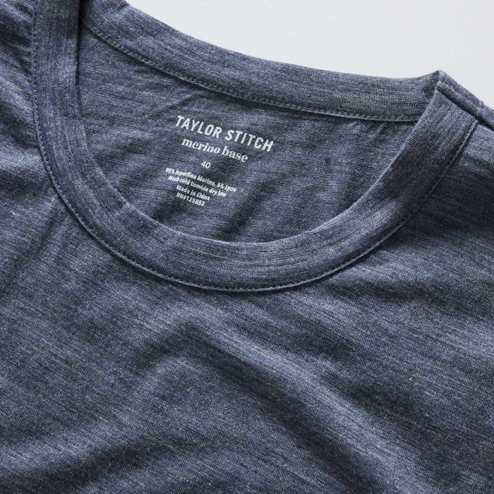 material shot of the collar on The Merino Tee in Heather Navy