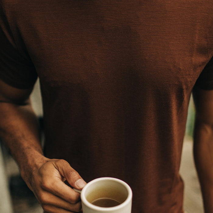 fit model wearing The Merino Tee in Russet