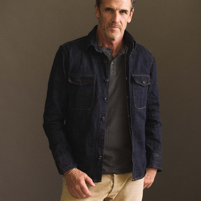 fit model wearing The Mill Shirt Jacket in Kuroki Slub Denim