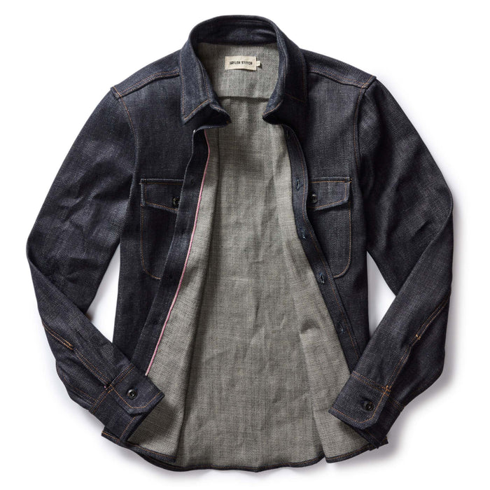 flatlay of the open The Mill Shirt Jacket in Kuroki Slub Denim