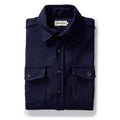 flatlay of the The Mill Shirt Jacket in Rigid Indigo Sashiko folded