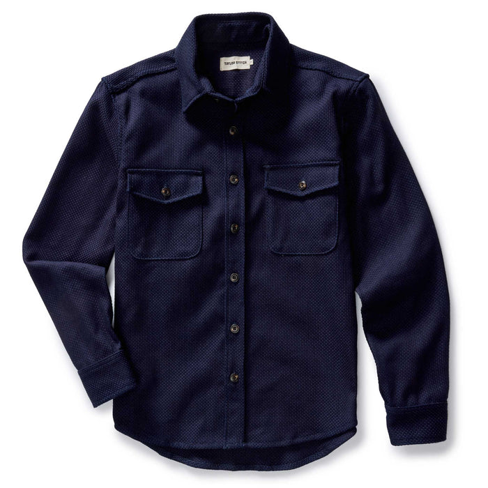 flatlay of The Mill Shirt Jacket in Rigid Indigo Sashiko