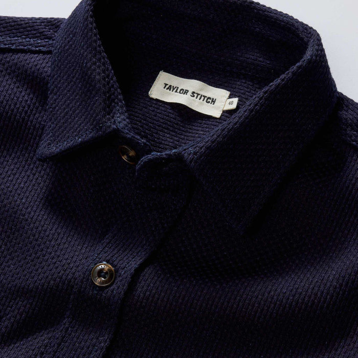 material shot of the collar on The Mill Shirt Jacket in Rigid Indigo Sashiko