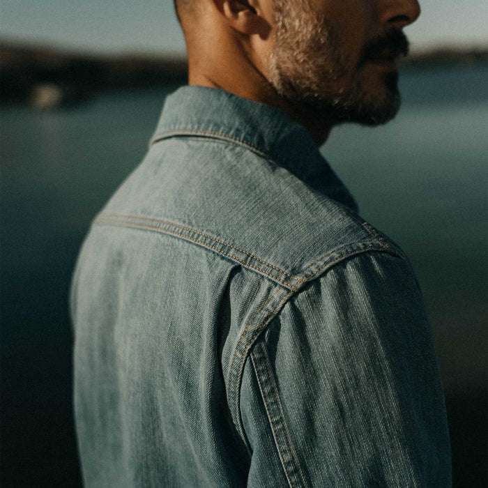 fit model showing off the shoulder on The Milton Pullover in Washed Selvedge Denim