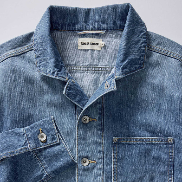 material shot of the collar on The Milton Pullover in Washed Selvedge Denim