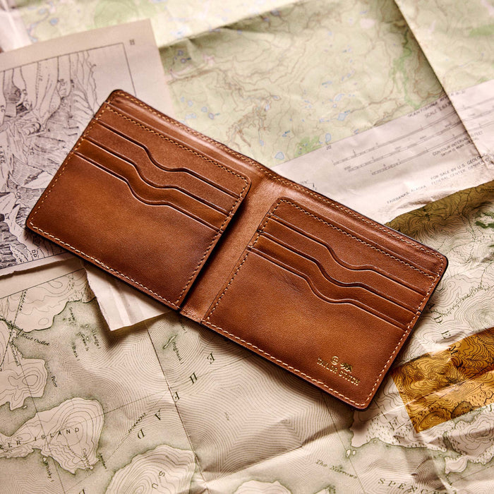 editorial flatlay of the inside pockets on The Minimalist Billfold Wallet in Navy