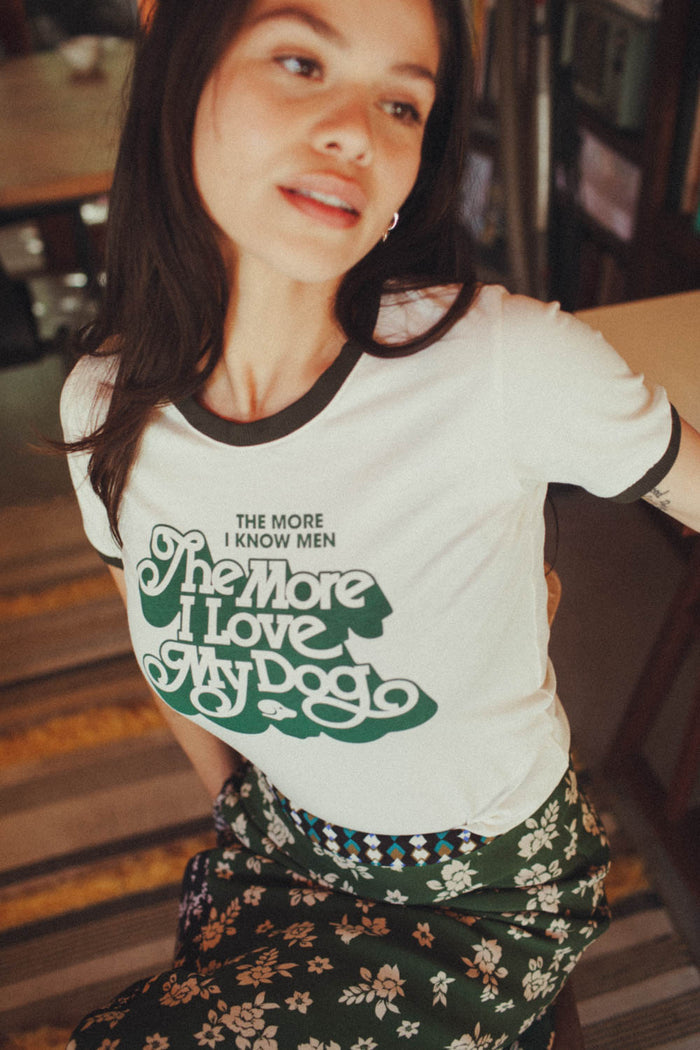 Woman wearing "The More I Know Men, The More I Love My Dog" ringer tee shirt by The Bee & The Fox