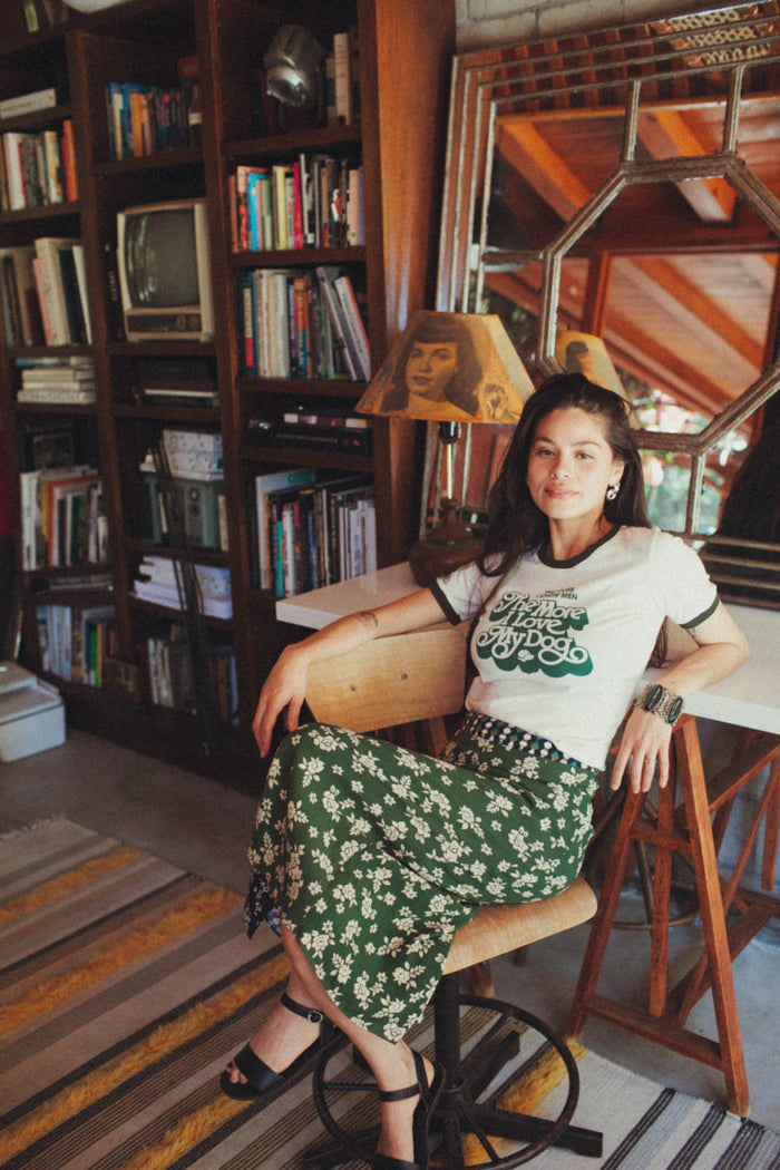 Woman wearing "The More I Know Men, The More I Love My Dog" ringer tee shirt by The Bee & The Fox