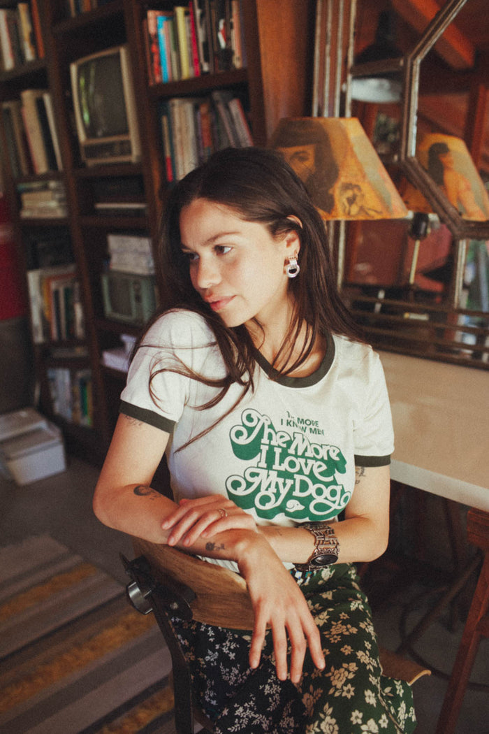 Woman wearing "The More I Know Men, The More I Love My Dog" ringer tee shirt by The Bee & The Fox