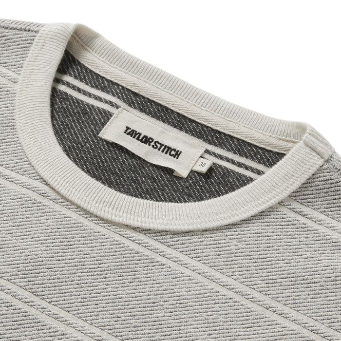 material shot of the collar on The Morgan Crewneck in Ash Stripe