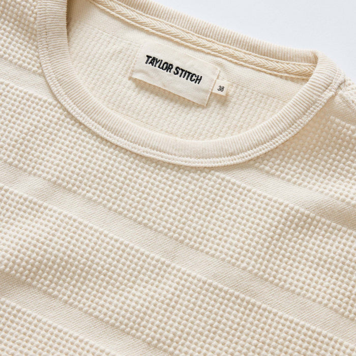 material shot of the collar on The Morgan Crewneck in Natural Slub Stripe