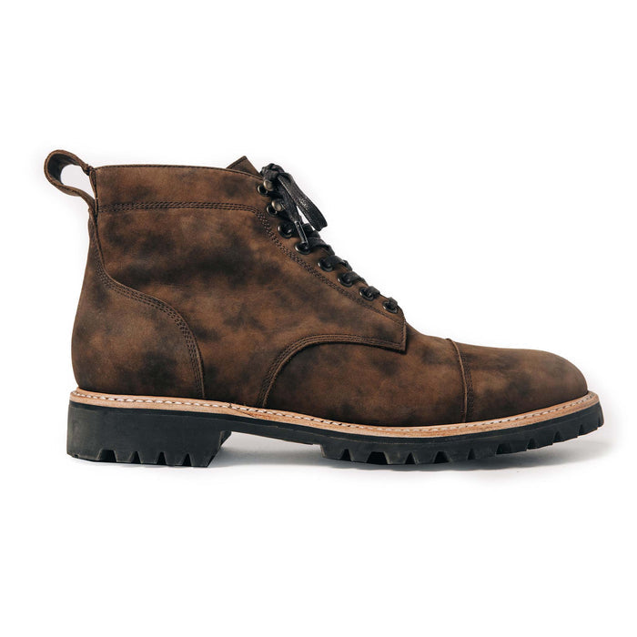 material shot of the side of The Moto Boot in Espresso Grizzly