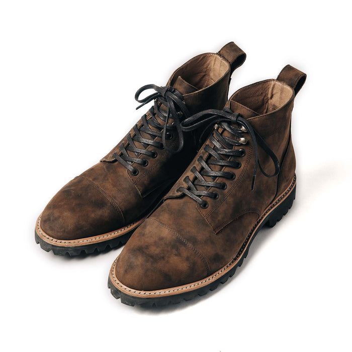 material shot of the top of The Moto Boot in Espresso Grizzly