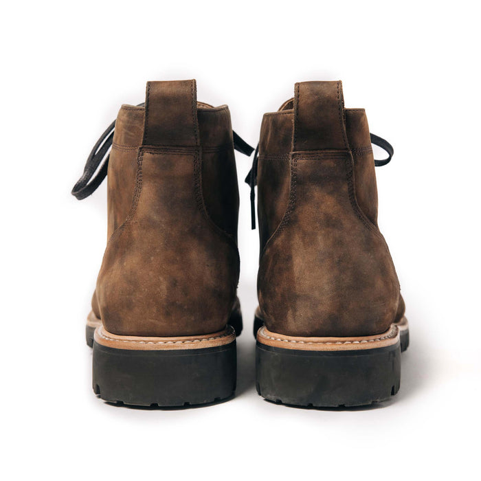 material shot of the back flap on The Moto Boot in Espresso Grizzly