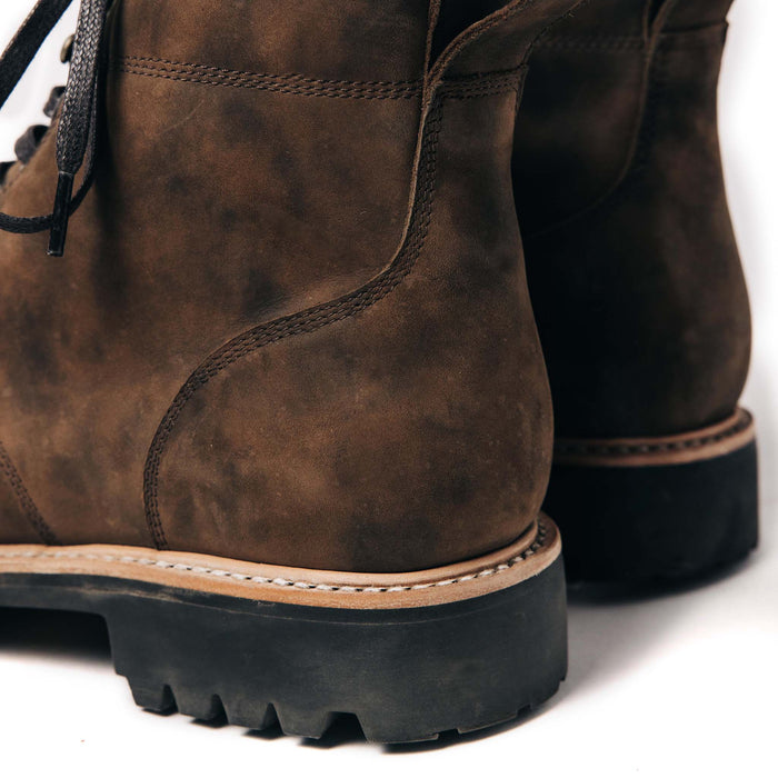 material shot of the back of The Moto Boot in Espresso Grizzly