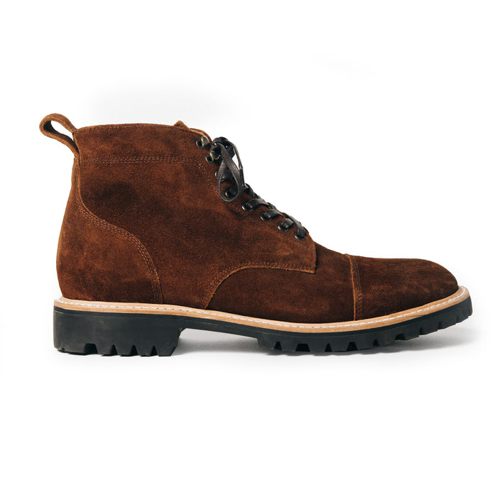 flatlay of the side of The Moto Boot in Snuff Weatherproof Suede
