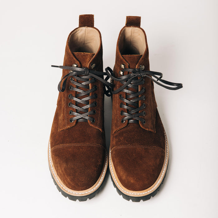 material shot of the top of The Moto Boot in Snuff Weatherproof Suede