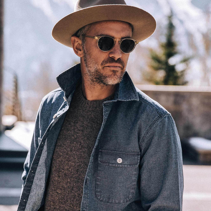 our fit model wearing The Moto Utility Shirt in Indigo Pindot