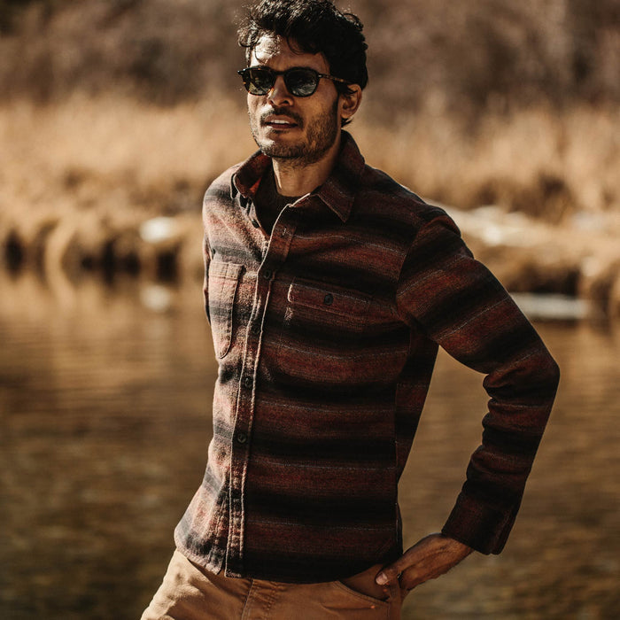 our fit model wearing The Moto Utility Shirt in Sunset Stripe
