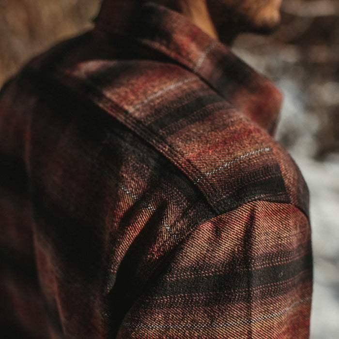 our fit model wearing The Moto Utility Shirt in Sunset Stripe
