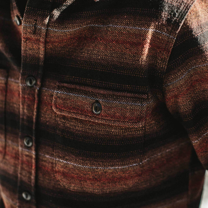 our fit model wearing The Moto Utility Shirt in Sunset Stripe