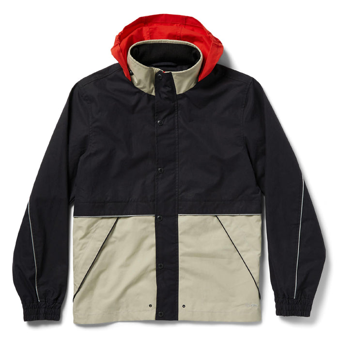 flatlay of The Navigator Jacket in Natural and Navy Colorblock