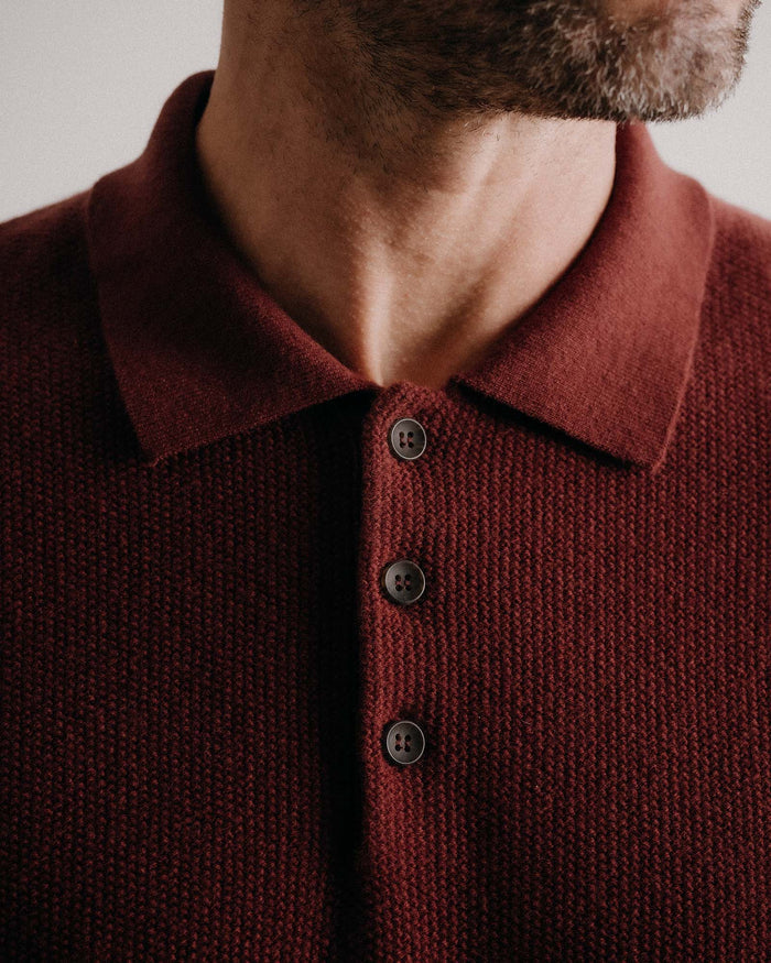 fit model showing off the collar details on The Newton Sweater Polo in Dried Cherry Merino