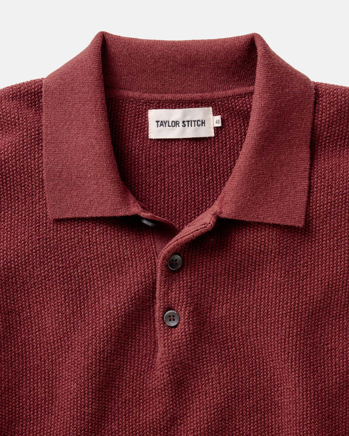 material shot of the collar on The Newton Sweater Polo in Dried Cherry Merino