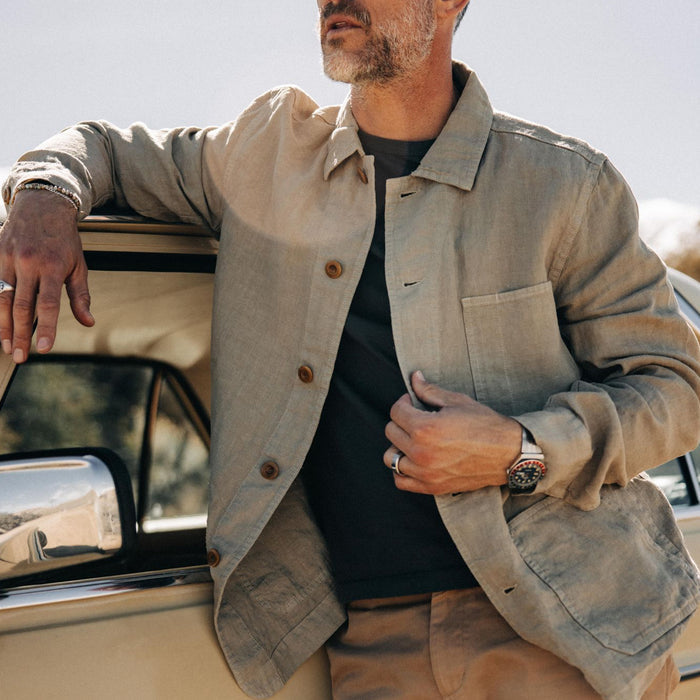 fit model in The Ojai Jacket in Arid Eucalyptus Hemp