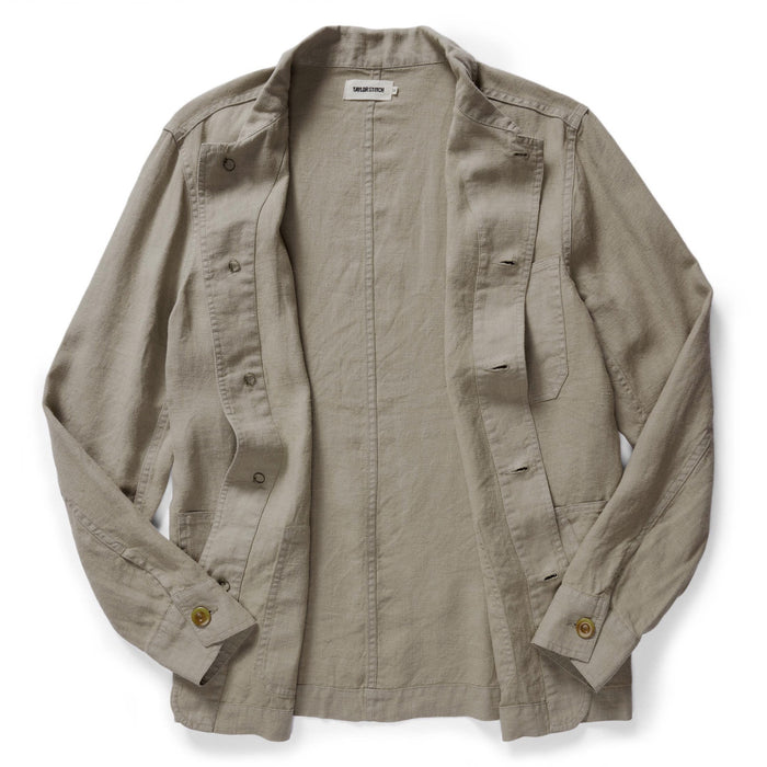 flatlay of The Ojai Jacket in Arid Eucalyptus Hemp, shown open