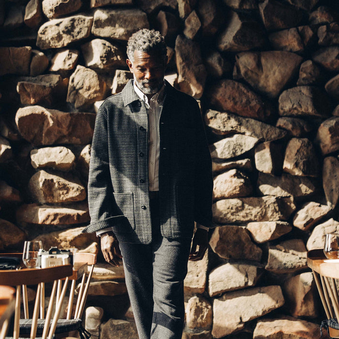 fit model in The Ojai Jacket in Ash Guncheck Wool