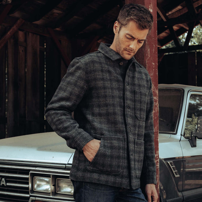 fit model putting his hand in the pocket of The Ojai Jacket in Ash Plaid Wool