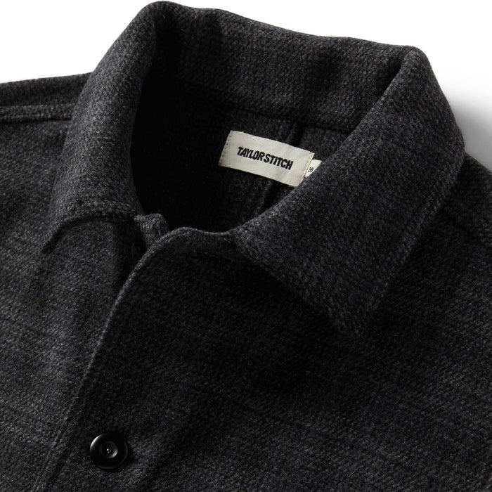 material shot of the collar on The Ojai Jacket in Ash Plaid Wool
