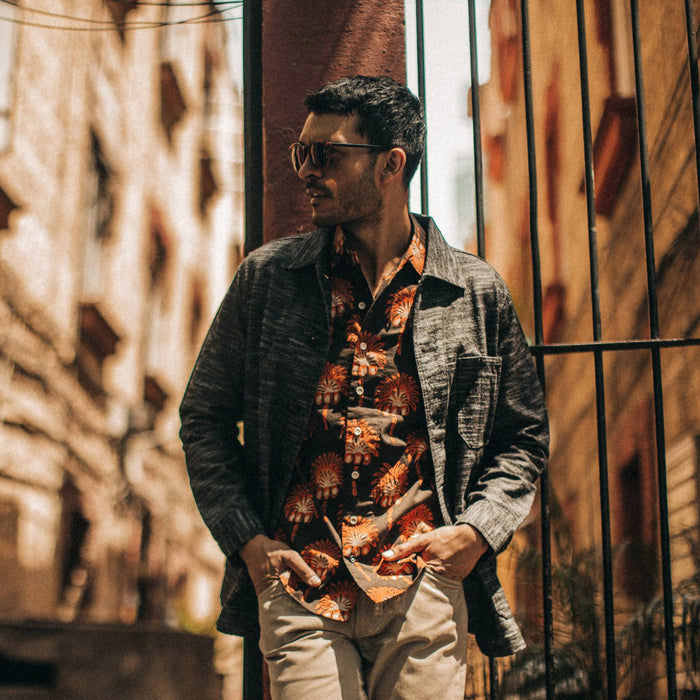 fit model wearing The Ojai Jacket in Black Cross Dye, hands in pockets