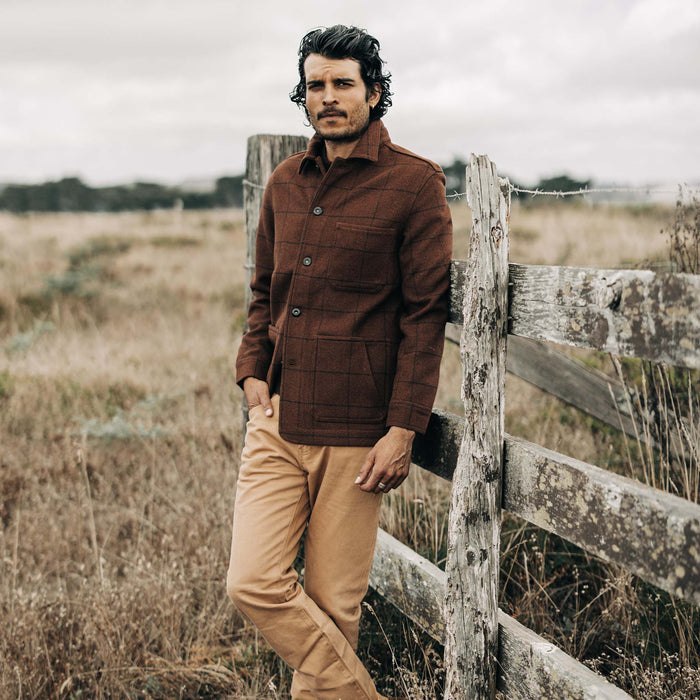 fit model wearing The Ojai Jacket in Ginger Check Wool