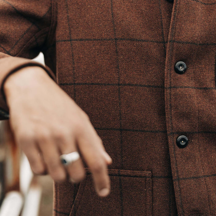 fit model showing the check pattern on The Ojai Jacket in Ginger Check Wool