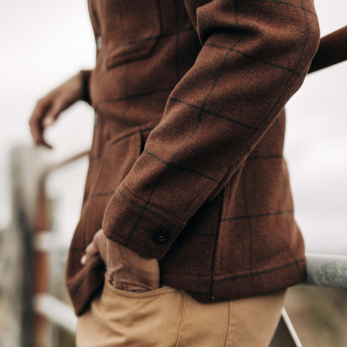 fit model showing the side of The Ojai Jacket in Ginger Check Wool