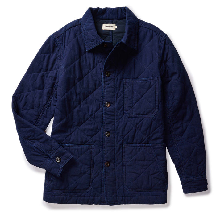 The Ojai Chore Coat in Indigo Diamond Quilt flatlay