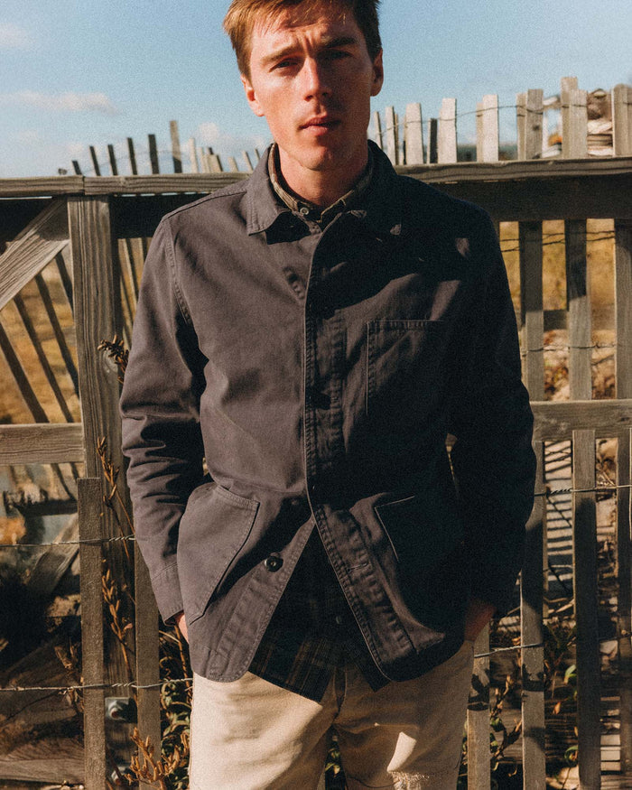 fit model in The Ojai ChoreJacket in Organic Charcoal Foundation Twill