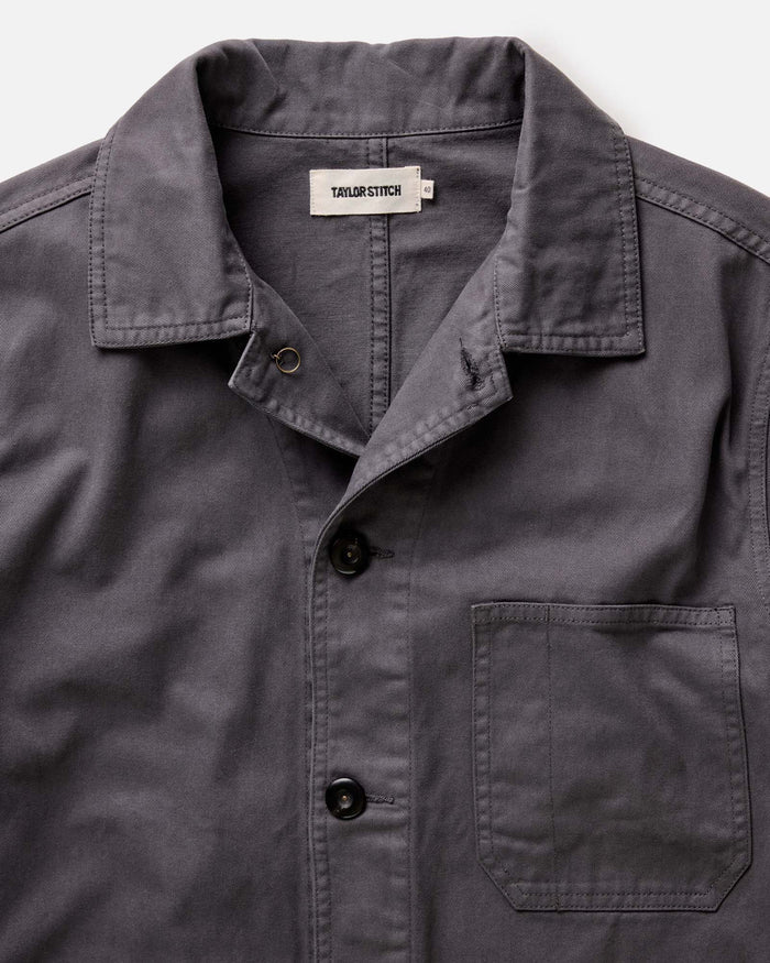 flatlay of The Ojai Jacket in Organic Charcoal Foundation Twill, shown open