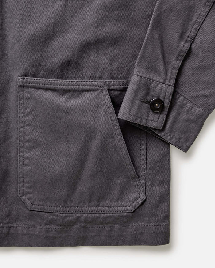 flatlay of The Ojai Jacket in Organic Charcoal Foundation Twill, shown from the back