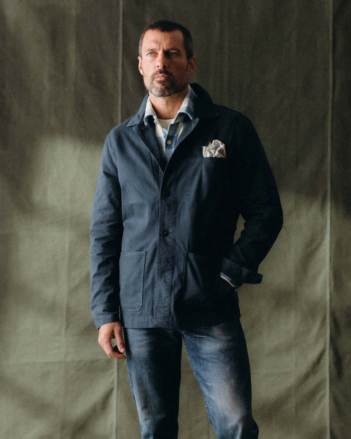 fit model in The Ojai Jacket in Organic Navy Foundation Twill