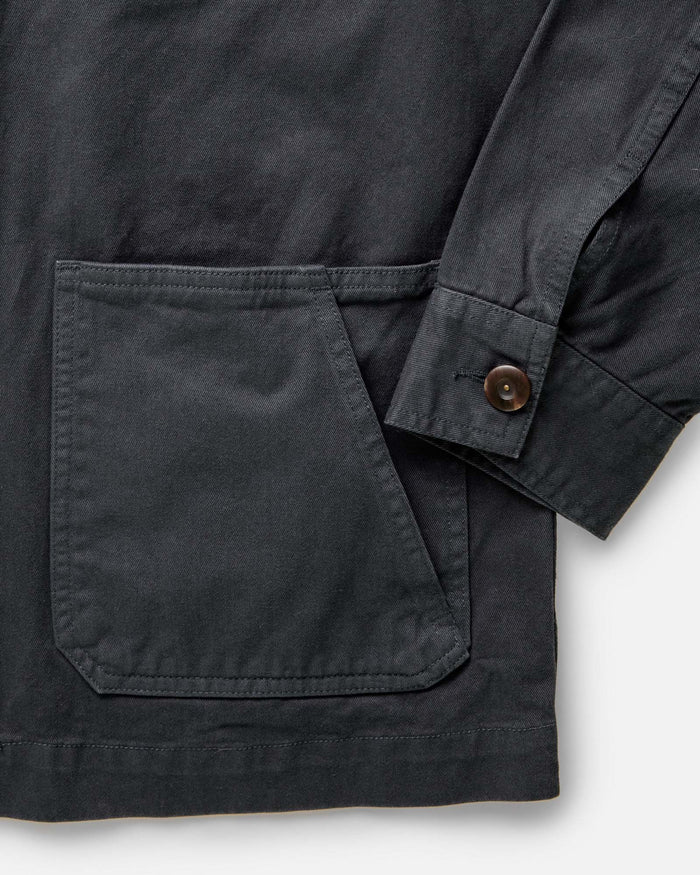 material shot of the collar on The Ojai Jacket in Organic Navy Foundation Twill