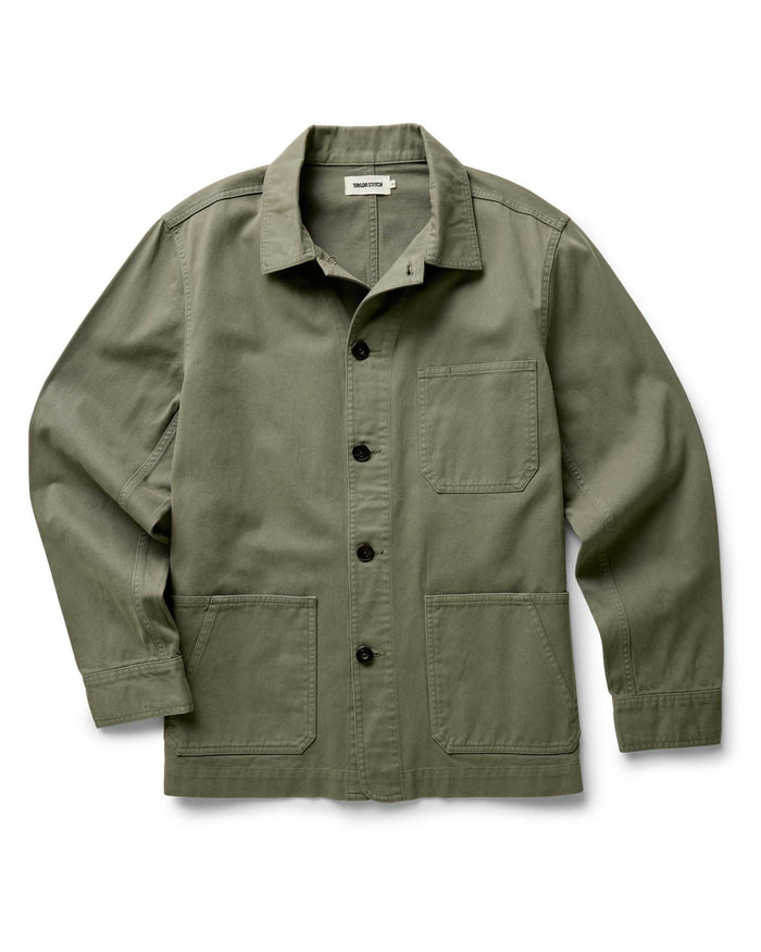 flatlay of The Ojai Chore Jacket in Smoked Olive Foundation Twill