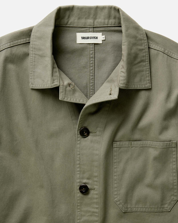 material shot of the collar on The Ojai Jacket in Organic Smoked Olive Foundation Twill