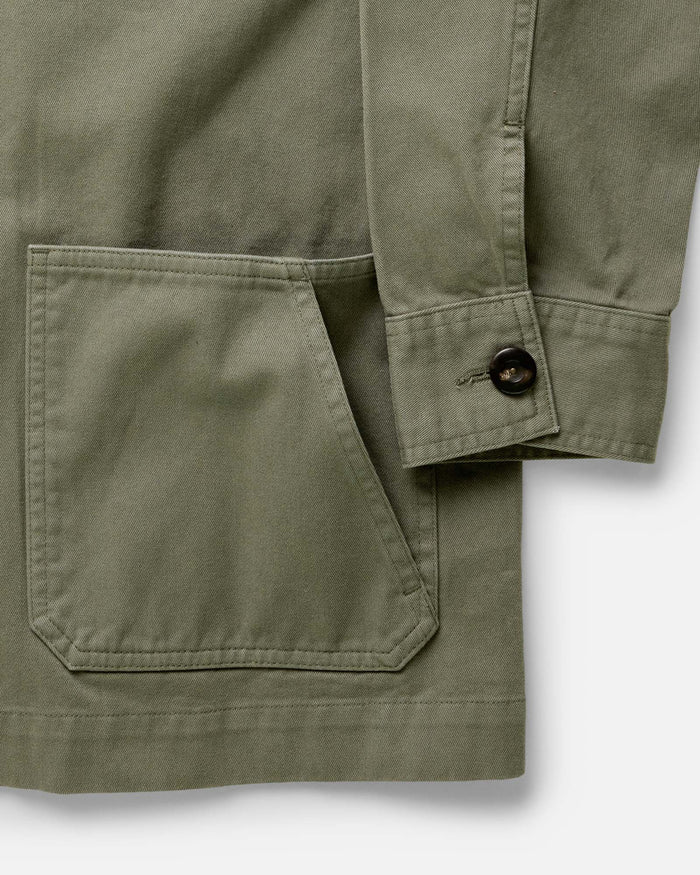 material shot of the pocket on The Ojai Jacket in Organic Smoked Olive Foundation Twill