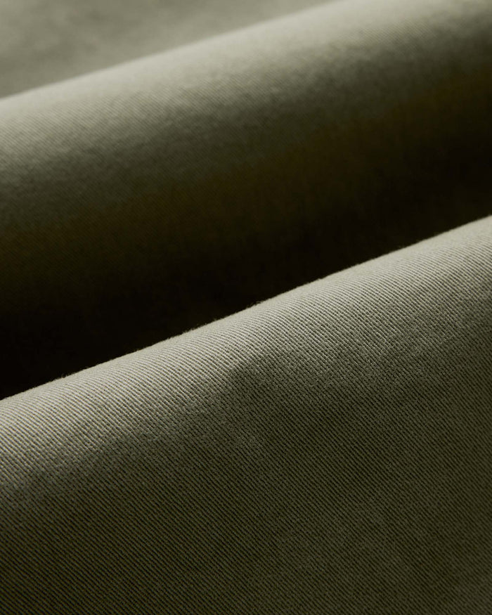 material shot of the fabric on The Ojai Jacket in Organic Smoked Olive Foundation Twill