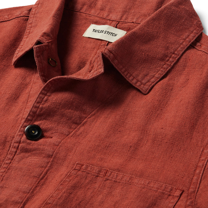 material shot of the collar of The Ojai Jacket in Rust Hemp